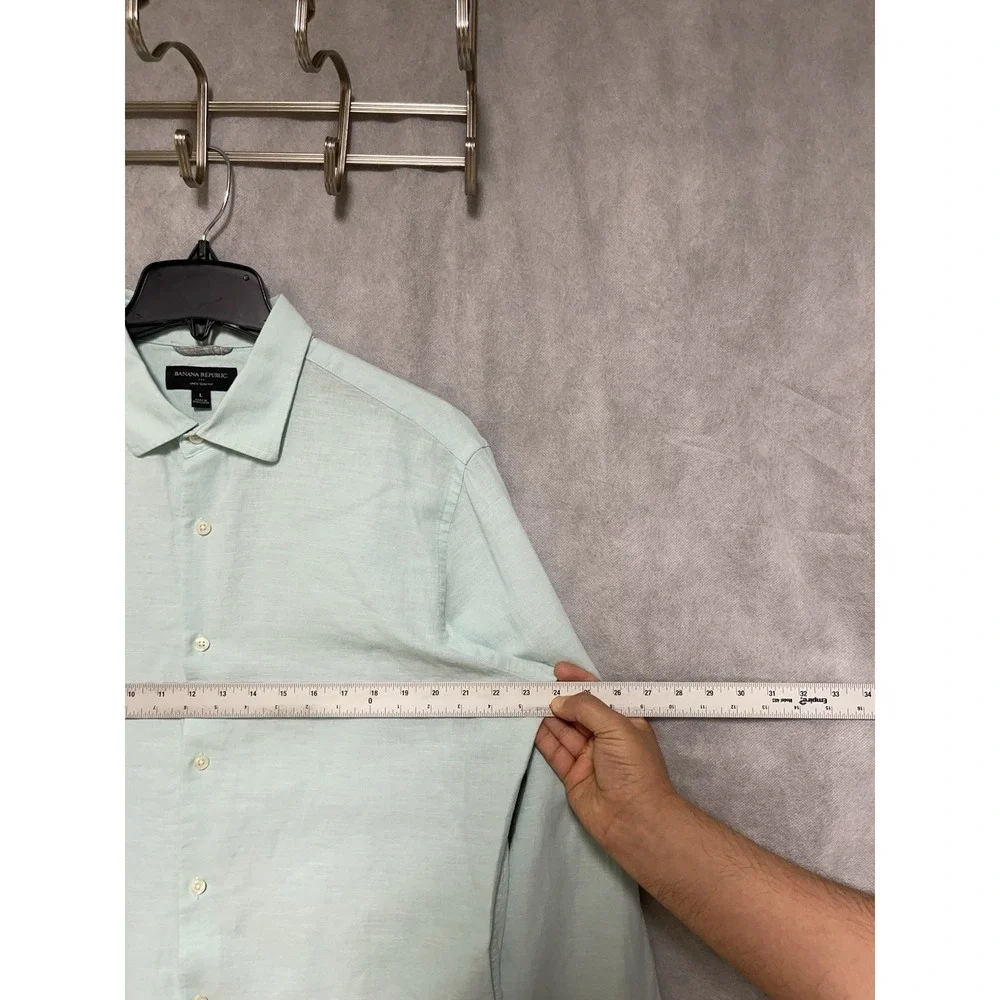 Banana Republic Shirt‎ Men L Green Linen Cotton Button Up Slim Casual Academia